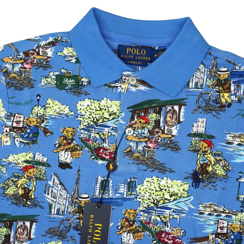 NEW Polo Ralph Lauren Polo Shirt Mens M Blue Paris Polo Bear Classic Fit AOP